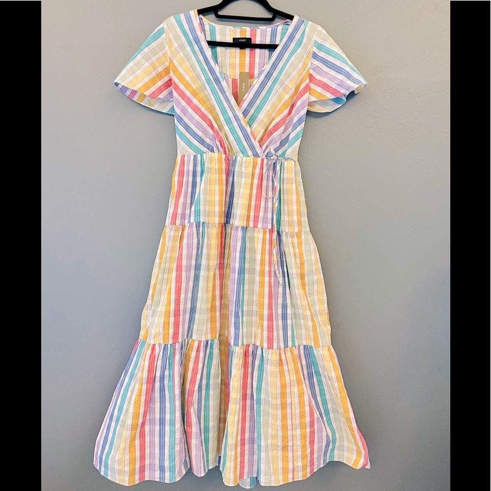 J Crew Faux Wrap Dress rainbow gingham multi color midi NWT